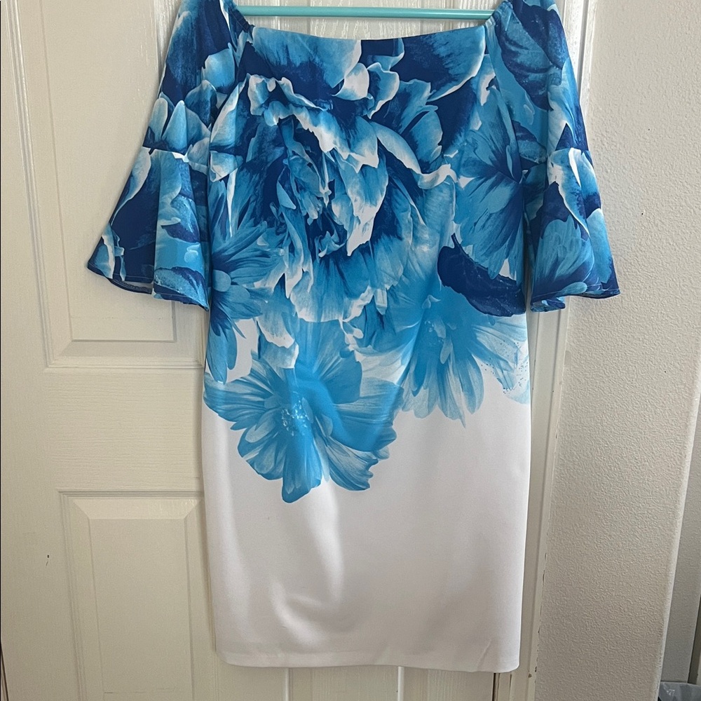 Donna Ricco White Midi Dress with Blue Floral Print